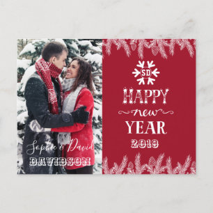 Invitation Carte Postale Gold Happy New Year Pine Photo personnalisée