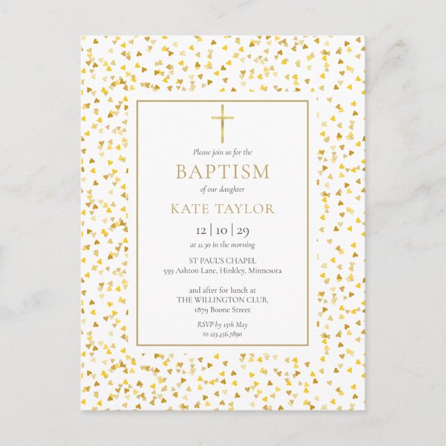 Invitation Carte Postale Gold Hearts Confetti Baptême Christening (Devant)