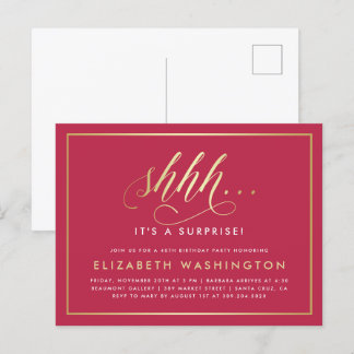 Invitation Carte Postale Gold & Magenta Surprise fête d'anniversaire