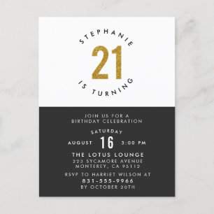 Invitation Carte Postale Gold Parties scintillant Black White & Gold 21e an