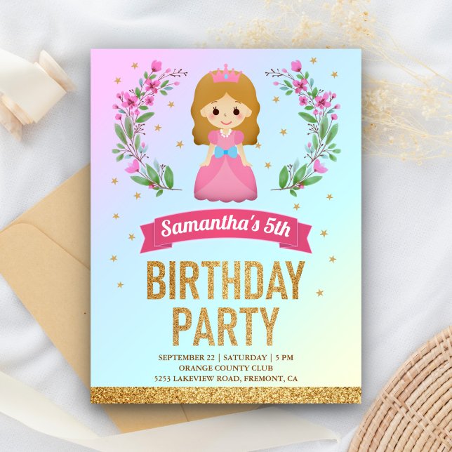 Invitation Carte Postale Gold Parties scintillant rose Floral Princesse Ann (Créateur téléchargé)