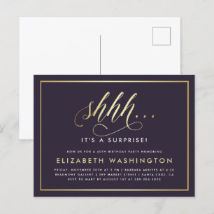 Invitation Carte Postale Gold & Purple Surprise fête d'anniversaire