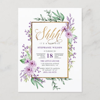 Invitation Carte Postale Gold Script Purple Floral Surprise fête d'annivers