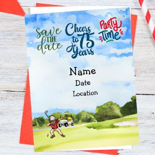 Invitation Carte Postale Golfer 75e anniversaire avec voiturette de golf En