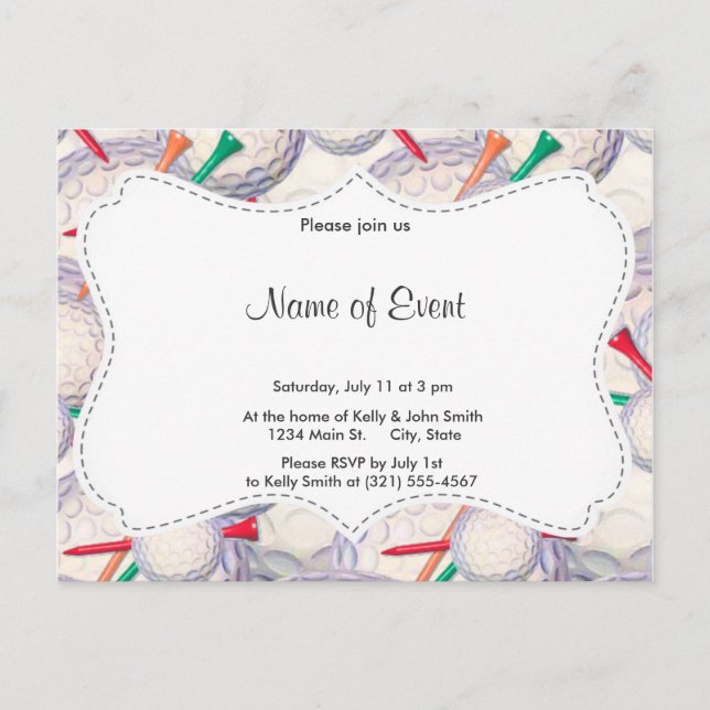 Invitation Carte Postale Golfer ; balles de golf et Motif Tee - shirt (Devant)