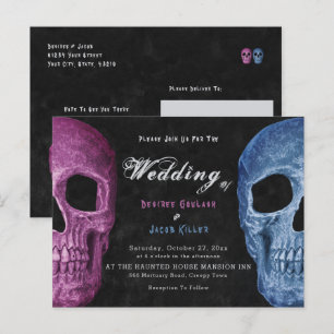 Invitation Carte Postale Gothique Crâne rose bleu Hallomariage