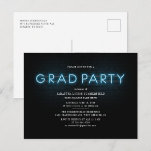 Invitation Carte Postale Graduation 2025 Blue Neon Grad Party