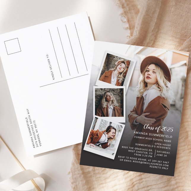 Invitation Carte Postale Graduation 2025 Photo Collage Script Grad Party (Graduation 2025 Multi Photo Grad Party Invitation Postcard)