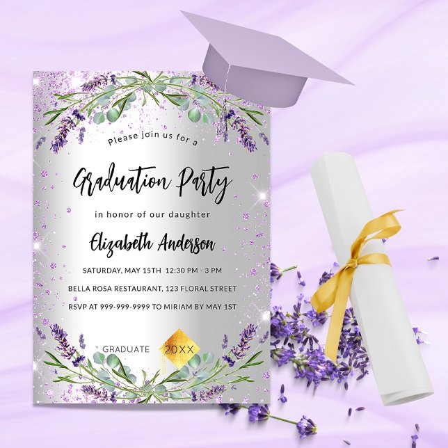 Invitation Carte Postale Graduation argent lavande eucalyptus floral (Créateur téléchargé)