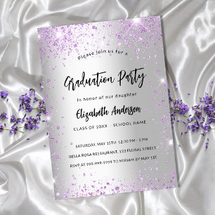 Invitation Carte Postale Graduation argent violet violet pétillants