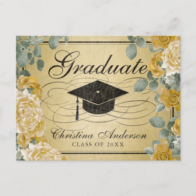 Invitation Carte Postale Graduation Casquette d'or Roses Floral  (Devant)