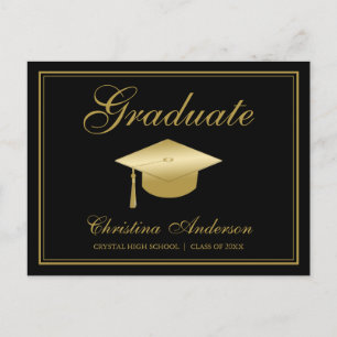 Invitation Carte Postale Graduation Gold Casquette & Script sur Black Party