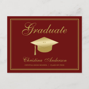 Invitation Carte Postale Graduation Gold Casquette & Script sur Maroon Part