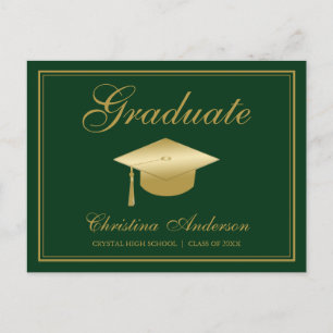 Invitation Carte Postale Graduation Gold Grad Cap & Script on Green Party