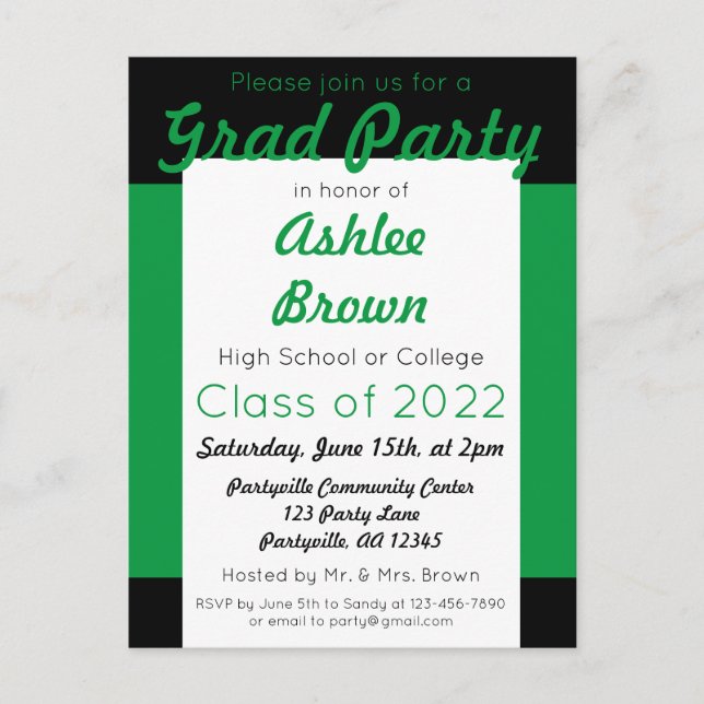 Invitation Carte Postale Graduation Green Black Bold Grad Party (Devant)