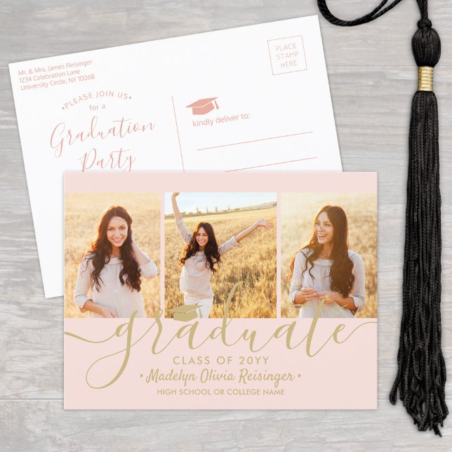 Invitation Carte Postale Graduation Party Moderne Blush Rose & Or 3 Photo (Créateur téléchargé)