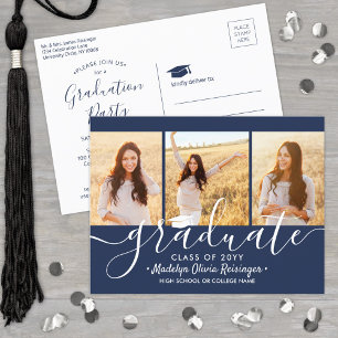 Invitation Carte Postale Graduation Party Moderne Marine Bleu & Blanc 3 Pho