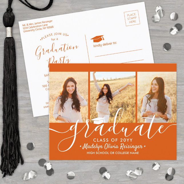Invitation Carte Postale Graduation Party Moderne Orange et Blanc 3 Photo (Créateur téléchargé)