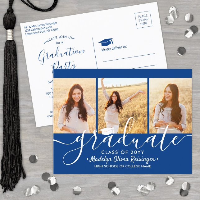 Invitation Carte Postale Graduation Party Moderne Royal Bleu & Blanc 3 Phot (Créateur téléchargé)