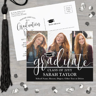 Invitation Carte Postale Graduation Party noir et blanc Script 3 Photo