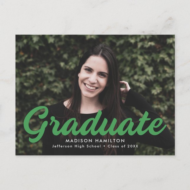 Invitation Carte Postale Gras Green Script Photo Graduation Party (Devant)