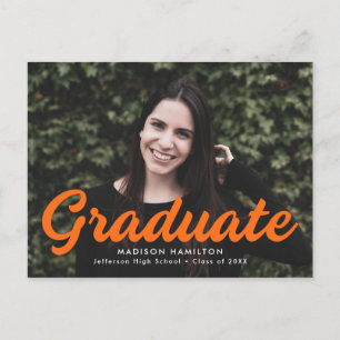 Invitation Carte Postale Gras Orange Script Photo Graduation Party