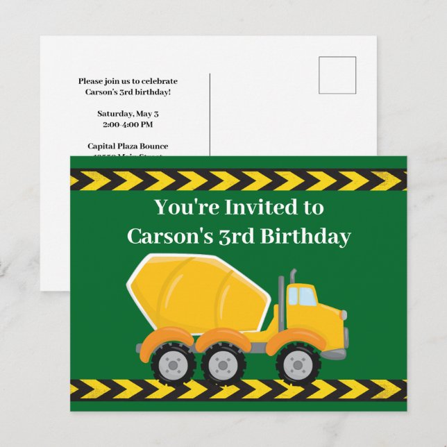 Invitation Carte Postale Green Cement Mixer Camion Garçons fête d'anniversa (Devant / Derrière)