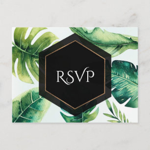 Invitation Carte Postale Green Tropical Feuilles Blanc Elégant Mariage RSVP