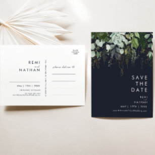 Invitation Carte Postale Greenery and Gold Dark Navy Save The Date Postcard