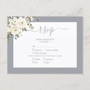 Invitation Carte Postale Gris clair Blanc floral Script Mariage RSVP