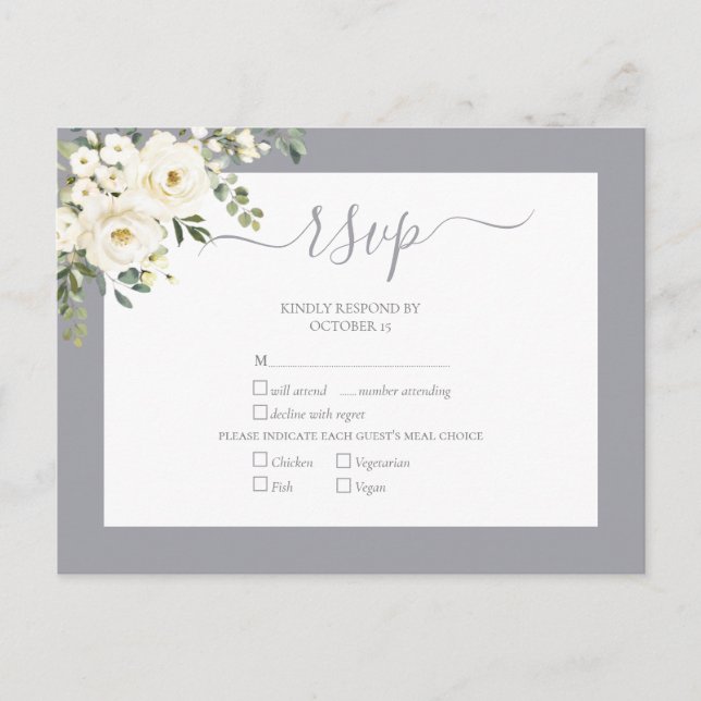 Invitation Carte Postale Gris clair Blanc floral Script Mariage RSVP (Devant)