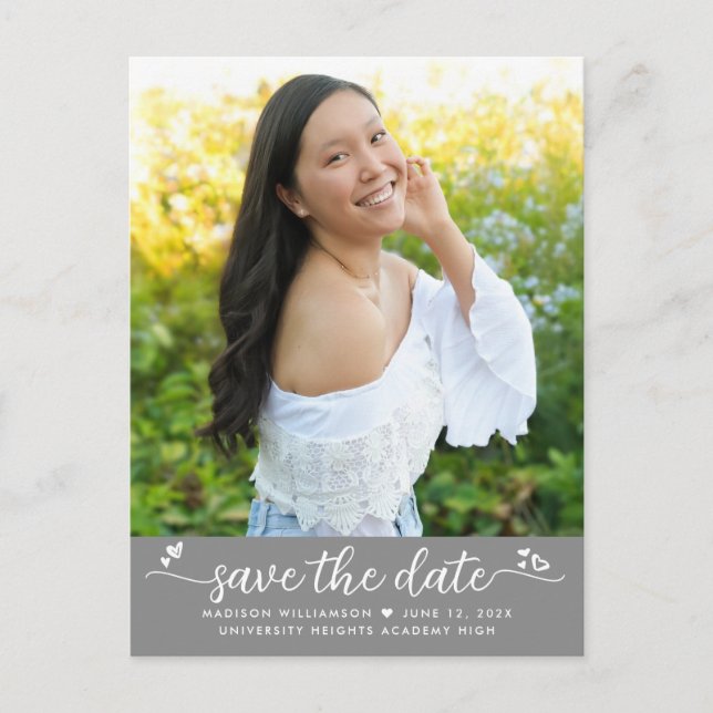 Invitation Carte Postale Gris Enregistrer la date Graduation Photo Script C (Devant)