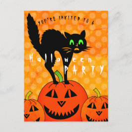 Invitation Carte Postale Halloween Chat Noir Citrouilles Orange Party