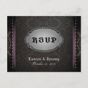 Invitation Carte Postale Halloween gris noir violet gothique RSVP PostCard