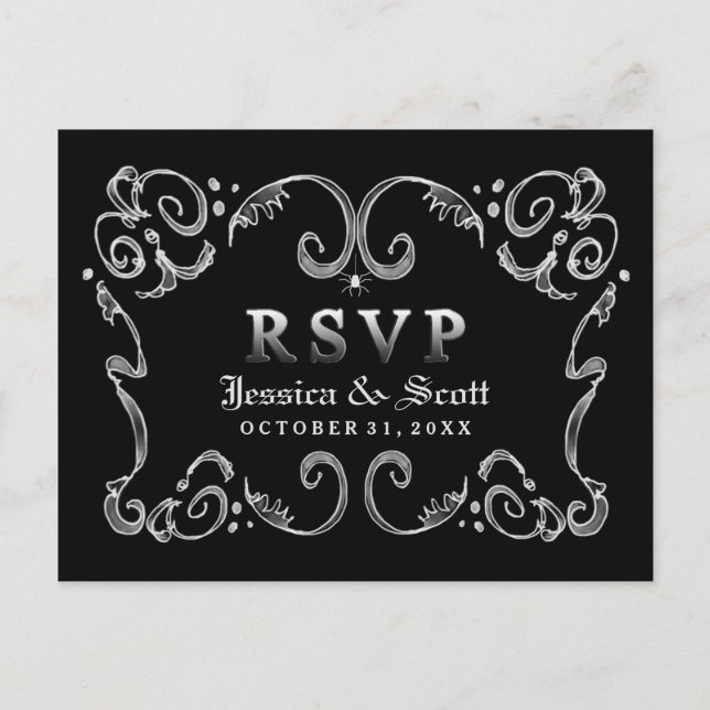 Invitation Carte Postale Halloween noir blanc gothique Scroll RSVP (Devant)