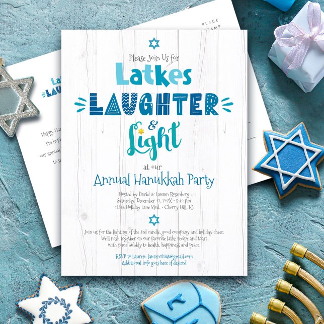 Invitation Carte Postale Hanoukka Party Latkes rire léger rustique (Créateur téléchargé)