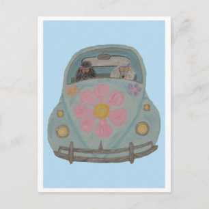 Invitation Carte Postale Hippie Caniches dans leur voiture d'amour Flower C
