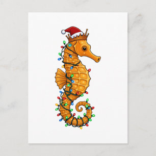 Invitation Carte Postale Hippocampe Festif Portant un Chapeau de Père Noël 