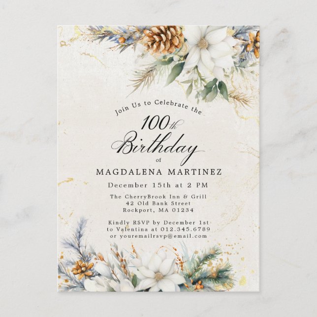 Invitation Carte Postale Hiver Blanc Floral Végétation 100e anniversaire (Devant)