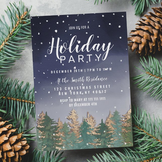 Invitation Carte Postale Hiver Marine Aquarelle Neige Arbres Fête (Winter Navy Watercolor Snow Trees Holiday Party )