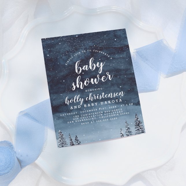 Invitation Carte Postale Hiver Nuit Ciel Baby shower neutre genre (Créateur téléchargé)