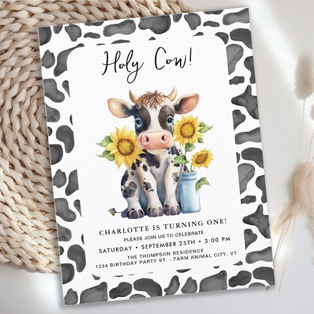 Invitation Carte Postale Holy Cow I'm One Sunflower Farm 1er Anniversaire (Créateur téléchargé)