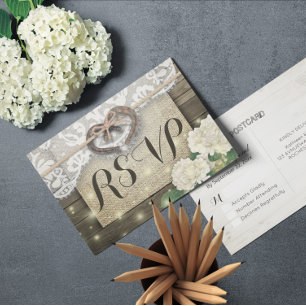 Invitation Carte Postale Horseshoe Hydrangea Wood Wedding RSVP Répondre