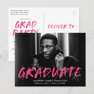 Invitation Carte Postale Hot Pink Paint Splatter Photo Graduation Party