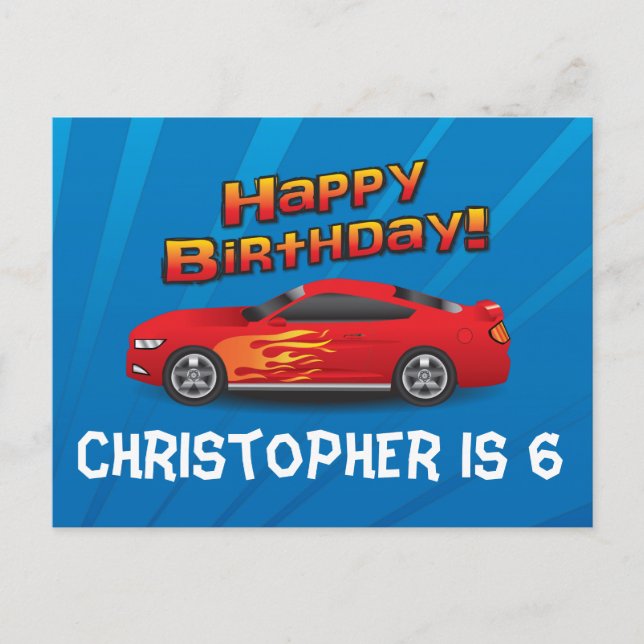 Invitation Carte Postale Hot Red Race Car avec Flames Boy's Birthday Party (Devant)
