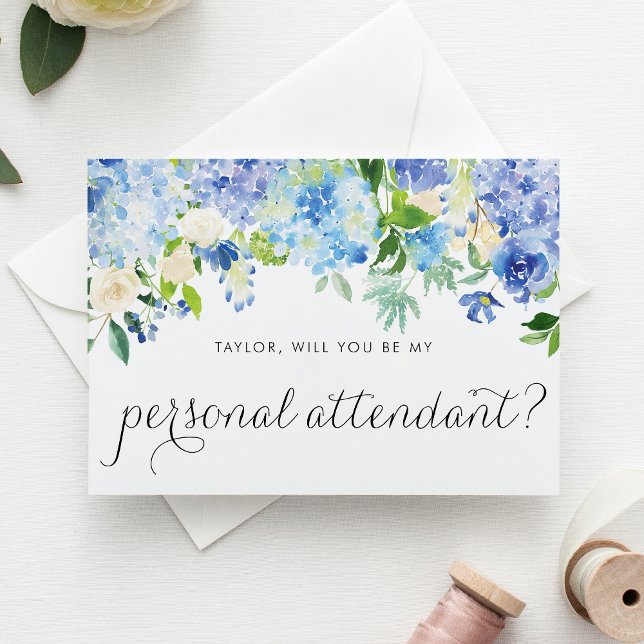 Invitation Carte Postale Hydrangeas Bleus, Serez-vous Mon Accompagnateur Pe (Elegant blue hydrangea and white rose proposal card to ask someone to be your personal attendant.)