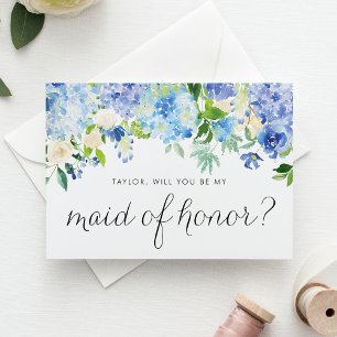 Invitation Carte Postale Hydrangée bleue et Rose ivoire Floral Maid of Hono