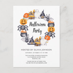 Invitation Carte Postale Illustration de fête d'Halloween heureuse noire mi