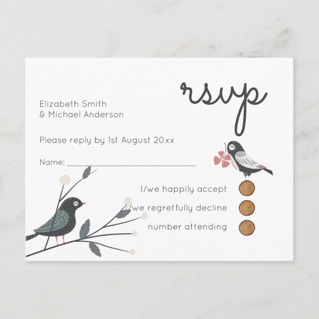 Invitation Carte Postale Inséparables de bois Mariage RSVP Retour Budget (Devant)