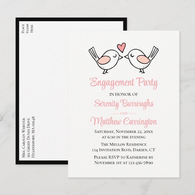 Invitation Carte Postale Inséparables Pink Black Lovebirds (Devant / Derrière)